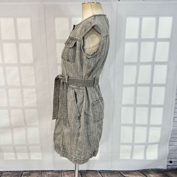 WHBM Women's Snap Button Front Gray Acid Wash Belted Denim Mini Dress Size 00 - Picture 7 of 10